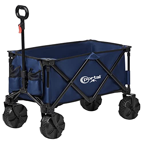 PORTAL Collapsible Folding Utility Wagon, Foldable Wagon Carts Heavy Duty, Large Capacity Beach Wagon with All Terrain Wheels, Outdoor Portable Wagon for Camping, Garden, Shopping, Groceries, Blue