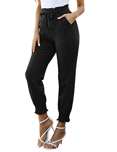 GRACE KARIN Pencil Pants for Women High Waist Elastic Ankle Shirred Casual Trousers Black L