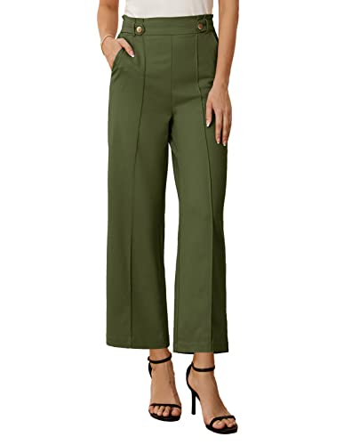 GRACE KARIN Women's Straight Leg Cropped Pants Elastic Waist Business Casual Capris Palazzo Trousers Slacks with Pocket Green L