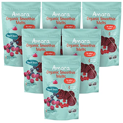 Amara Smoothie Melts - Beets n' Berries - Baby Snacks Made With Fruits and Vegetables - Healthy Toddler Snacks For Your Kids Lunch Box - Organic Yogurt Melts - 6 Resealable Bags