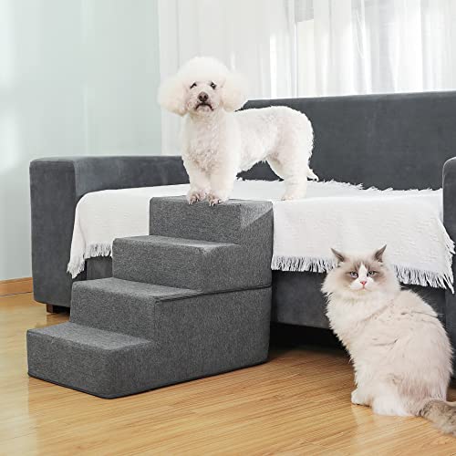 Sted Dog Stairs, Pet Stairs 4 Steps, High Density Foam Dog Steps for High Beds, Non-Slip Foldable Pet Stairs with Cardboard, Removable Washable Cover, Ideal for Older Injured Small Dogs Cats, Grey