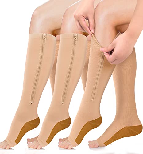 Copper Zipper Compression Socks 3 Pairs - Open-Toe Toeless Knee High Compression Socks for Women and Men(L/XL)