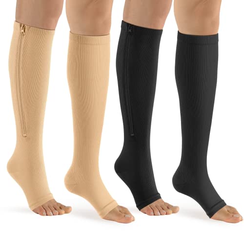 bropite Zipper Compression Socks-2 Pairs Calf Knee 15-20 mmHg Open Toe Compression Socks for Walking,Running,NursesPregnancy