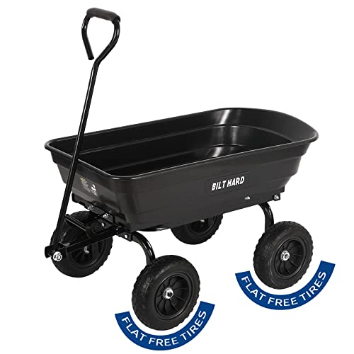 BILT HARD 4 Cu.Ft. 10" No-Flat Tires Poly Yard Dump Cart with 180 Rotating Handle, 600 lbs Capacity Heavy Duty Garden Carts and Wagons