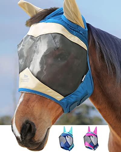 Harrison Howard Luxe Dual-Tone Horse Fly Mask Standard with Ears Fully Visible UV-Blocking Fine Mesh Soft Fleece Edging for Extra Comfort Champagne Gold/Teal L Full Size