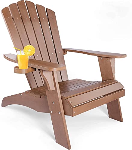 Hitwby Adirondack Chair with Cup Holder, Fade-Resistant Outdoor Seating with 350lbs Duty Rating, All-Weather Plastic Patio Chair for Fire Pit & Garden, 38L 30.25W 41.5H (Brown) 