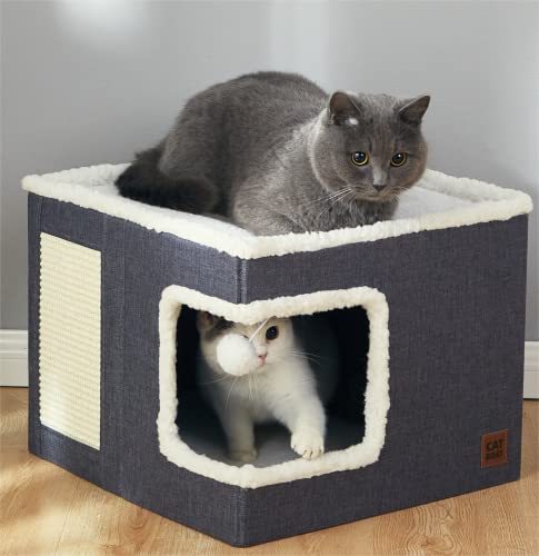 CATBOAT Cat Bed for Indoor Cats Cube House, Covered Cat Cave Beds & Furniture with Scratch Pad and Hideaway Tent, Cute Modern Cat Condo for Multi Small Pet Large Kitten Kitty, Grey