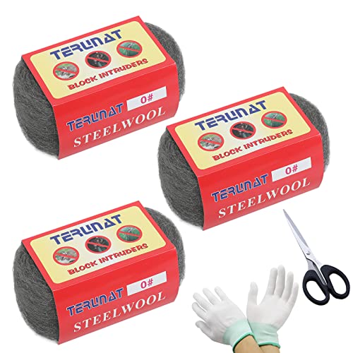 Terunat Steel Wool for Mice Control - Grade 0, 3.5oz Roll, 10ft Long - Ideal for Filling Gaps in Basements, Attics, Pipes, Doors, Walls and Floors to Keep Mice and Other Small Animals Out - 3 Pack.