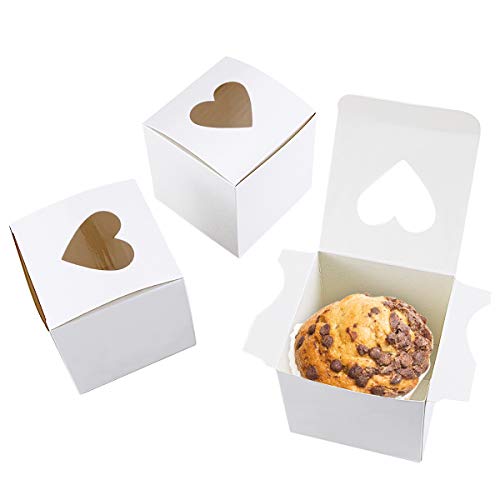 Newbested 50 Pack 3" Mini Individual White Cupcake Box with Heart Shaped Window,Small Single Favor Bakery Candy Paper Box Container for Mini Cake Cupcake Cookie Dessert Pastry Wedding Valentine's Day