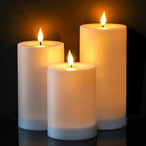 VIODAIM Solar Candles Outdoor Waterproof: Flameless Flickering Pillar LED Candles Set of 3 Dusk to Dawn Rechargeable Sensor Lights 3x4/5/6 Inch White