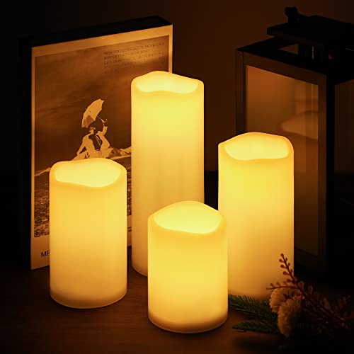 NOMFIX Solar Powered Candles Outdoor Waterproof, 3x4/5/6/8 Solar LED Candles Flickering Set with Dusk to Dawn Timer, Solar Pathway Lights for Backyard Porch Balcony Party Decor- White (4 Pack)