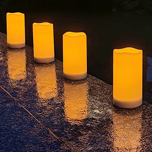 salipt Solar Powered Candles - 3.25" x 6" Waterproof LED Flameless Pillar Candle Set,Dusk to Dawn, Rechargeable Solar Battery Included,Waterproof for Patio Decor,Set of 4