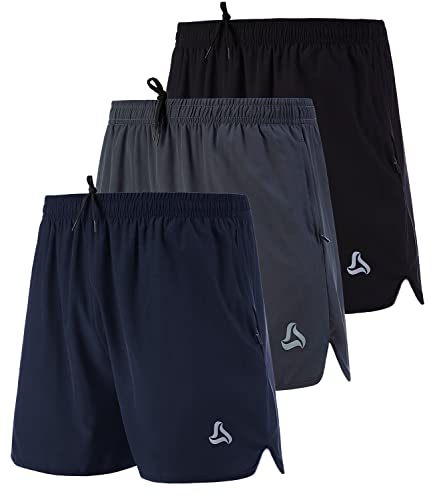SILKWORLD Men's Running Stretch Quick Dry Shorts with Zipper Pockets(Pack of 3), Black, Deep Navy, Deep Grey, Medium