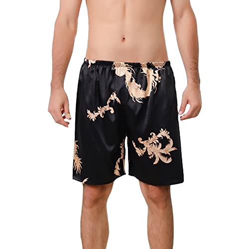 Lu's Chic Men's Satin Boxers Underwear Shorts Silk Dragon Luxury Loungewear Pajama Pants Black US L (Tag3XL)