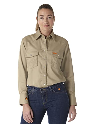 Wrangler Riggs Workwear womens Fr Flame Resistant Western Long Sleeve Snap Work Utility Button Down Shirt, Khaki, Medium US