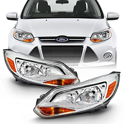 ACANII - For [Halogen Model] 2012-2014 Ford Focus Chrome Housing Headlights Headlamps Pair Set Replacement Left+Right