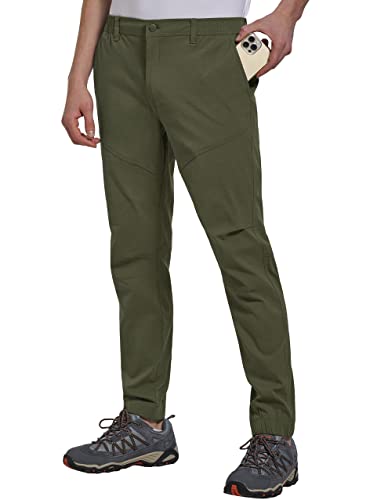 PULI Golf Pants for Men Hiking Joggers Slim Fit Tapered Casual Athletic with Belt Loops Stretch Breathable Work Chino Army Green 34