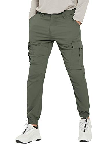 PULI Men's Lightweight Hiking Cargo Pants Slim Fit Stretch Workout Work Joggers with Belt Loops Trousers Army Green 36