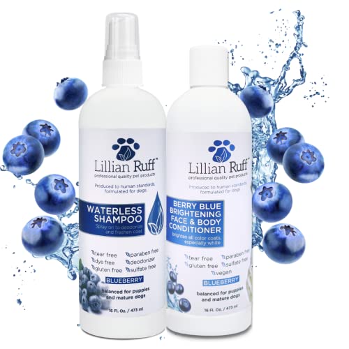 Lillian Ruff Berry Blue Brightening Face & Body Conditioner + Waterless Blueberry Shampoo for Dogs & Cats - Tear Free Blueberry Set- Hydrate Dry Skin, Add Shine & Luster to Coats - Made in USA