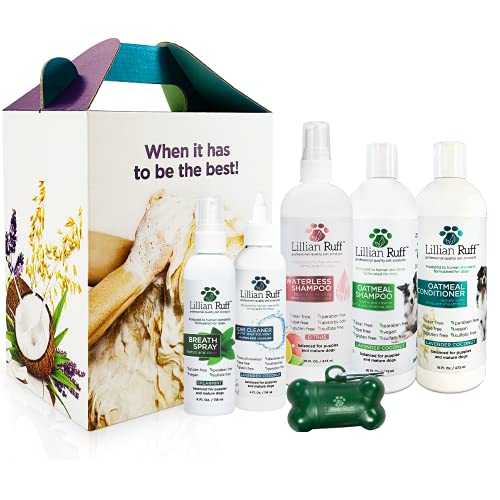 Lillian Ruff Starter Pack Gift Set for Dogs | Oatmeal Shampoo, Oatmeal Conditioner, Waterless Shampoo Citrus, Ear Cleaner & Otic Wax Solvent, Breath Spray, Leash Clip Waste Bag Dispenser with 15 Bags