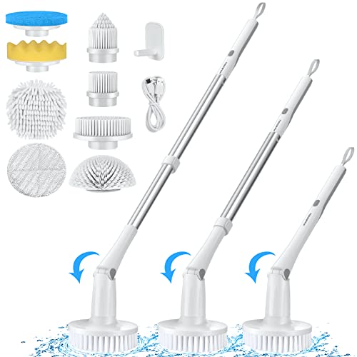 MABOGU Electric Spin Scrubber, Cordless Shower Scrubber with 8 Replaceable Brush Heads, Bathroom Scrubber Dual Speeds, Shower Cleaning Brush with Extension Arm for Bathroom Tub Tile Floor(Grey&White)