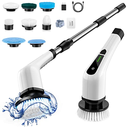Electric Spin Scrubber, Cordless Cleaning Brush Tub Tile Scrubber for Home, 8 Replaceable Brush Heads, 90Mins Work Time 3 Adjustable Handle 2 Adjustable Speeds for Bathroom Shower Bathtub Glass Car