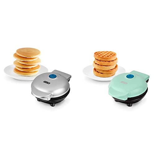 DASH Mini Maker Electric Round Griddle - Silver & Mini Maker for Individual Waffles, Hash Browns, Keto Chaffles with Easy to Clean, Non-Stick Surfaces, 4 Inch, Aqua