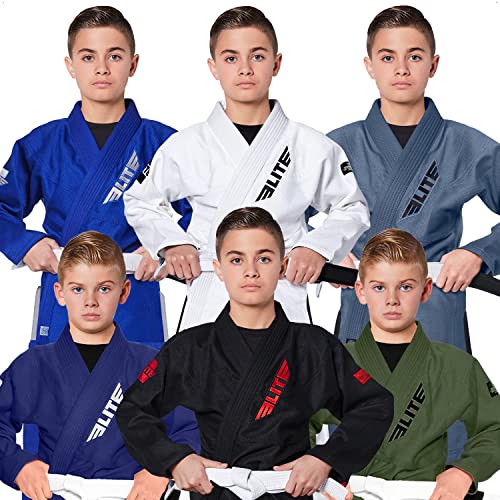 Elite Sports Kids BJJ GI, Youth IBJJF Childrens Brazilian Jiujitsu Gi kimono W/Preshrunk Fabric & Free Belt (Premium Black, C2)