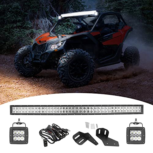 LED Light Bar Mount Brackets Front Windshield 42" 240W Curved Light Bar Upper Cage Pillar 2X 24W 3" Cube Lights Pod w/ 3 Lead Switch Wiring Kit Fit 2017-2023 Can-am Maverick X3 X RS - 2 Mount Points