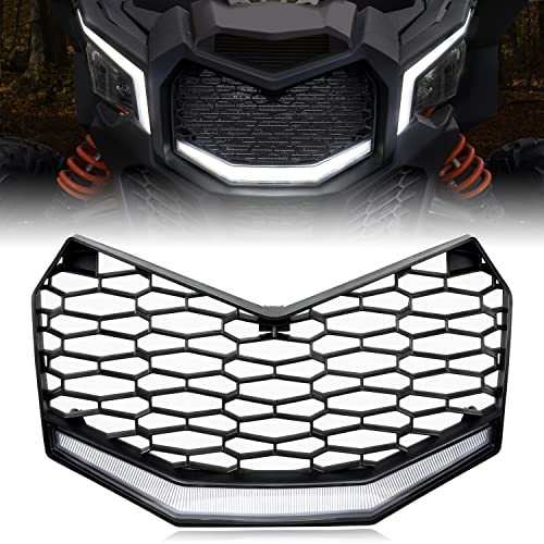 Front Grille with LED Light for Maverick X3 2017-2023, SAUTVS New Upgrade Premium Front Bumper Mesh Grill with LED Light Bar for Can-Am Maverick X3 2017 2018 2019 2020 2021 2022 2023 Accessories