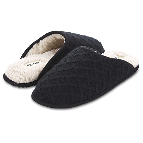 Floopi Slippers for Women Indoor Outdoor Lattice Knit Faux Sherpa Fur Lined Scuff Slipper W/Memory Foam (L, Black-369)