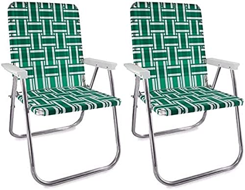 Lawn Chair USA - Outdoor Chairs for Camping. Made with Lightweight Aluminum Frames and UV-Resistant Webbing. Folds for Easy Storage 2- Pack (Green and White Stripes with White Arms, Classic)
