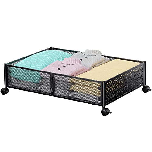 Under Bed Storage, Under the Bed Storage Containers with Wheels, Under Bed Shoe Storage Organizer Drawer, Tool-free Assembly Metal Underbed Storage Containers for Bedroom Clothes Shoes Blankets -Black
