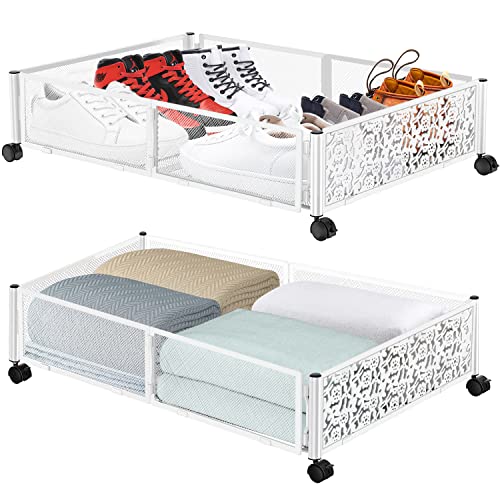 Under Bed Storage - 2Pack Under Bed Storage Containers with Wheels, Under Bed Shoe Storage Organizer, Tool-free Assembly, Under Bed Storage Drawer for Clothes, Shoes, Toy, Book, Blankets (White)