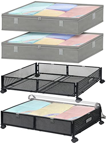 punemi Under Bed Storage with Wheels & Removable Bags, 2Pcs Underbed Storage Containers Rolling Drawers w/Handle, Metal Under Bed Shoe Organizers for Clothes Toys Blankets Bedroom, Tool-free Assembly