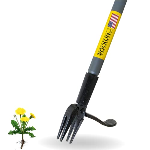 Rocklin Stand Up Weed Puller Tool - 4 Claw Steel Head - 48 inch Handle - 100% Metal - Easily Remove Weeds Without Bending or Kneeling