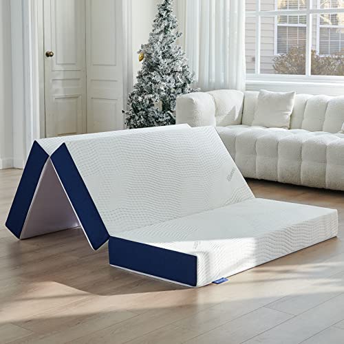 IYEE NATURE Folding Mattress, 6 inch Tri-Fold Memory Foam Mattress Toppe, Foldable Mattress Topperr with Bamboo Cover for Camping, Guest - Queen Size, 78" x 58" x 6"