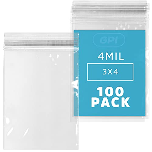 CLEAR PLASTIC REUSABLE ZIP BAGS - Bulk GPI Pack Of 100 3" x 4" 4 mil Thick Heavy Duty, Strong & Durable Poly Baggies With Resealable Zip Top Lock For Travel, Storage, Packaging & Shipping.