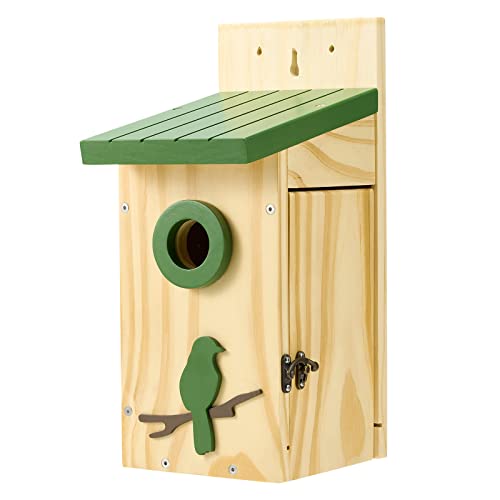 Kingsyard Classic Bird House with Prdator Guard, Bluebird Wren Chickadee Viewing House, Wooden Nesting Box for Outdoor Garden Patio, Green