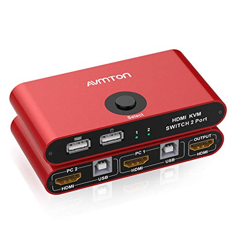 KVM Switch HDMI 2 Port 4K,AVMTON KVM HDMI Switches Box 2 in 1 Out,for 2PC Share 1 Monitor and One Keyboard Mouse,KVM Switch Displayport,Support 4K@30Hz 3D 1080P and Hotkey Switch