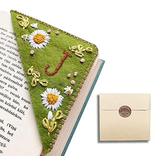 Personalized Hand Embroidered Corner Bookmark,Felt Triangle Page Stitched Corner Handmade Bookmark,Unique Cute Flower Letter Embroidery Bookmarks Accessories for Book Lovers (Summer,J)