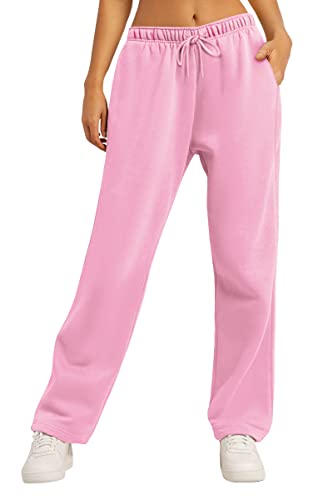 AUTOMET Womens Fleece Lined Sweatpants Baggy Juniors Warm Thermal Pants Drawstring Casual Athletic Trousers with Pockets Pink