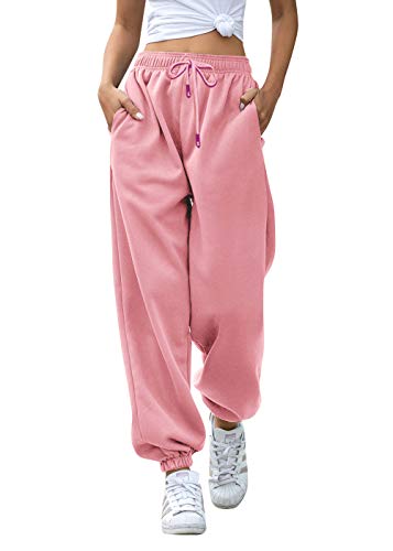 Dance Sweatpants Women Workout High Waist Sporty Gym Athletic Fit Jogger Wide Leg Lounge Pants with Pockets Pink L