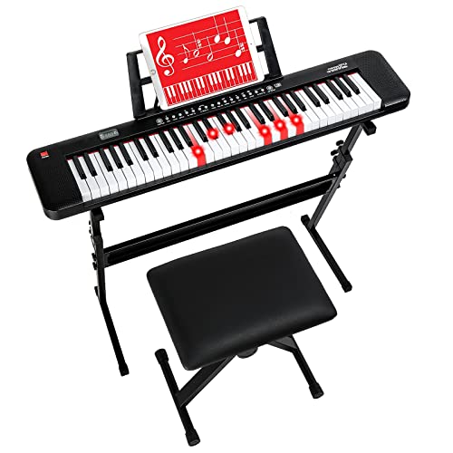 Ktaxon 61 Key Keyboard Piano with Light Up Keys, Electric Piano Set with Headphone, Microphone, Music Rest, Power Adapter, Piano Stand, Piano Bench and Manual