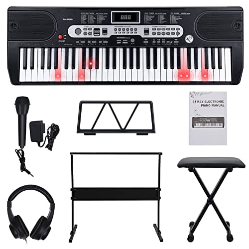 Fujampe Electric Keyboard Piano W/Lighted Keys, Keyboard Stand, Piano Bench, Microphone, Headphones, Note Stickers, Music Stand, Portable Electronic 61 Key Piano Keyboard for Beginners (Lighted Keys)