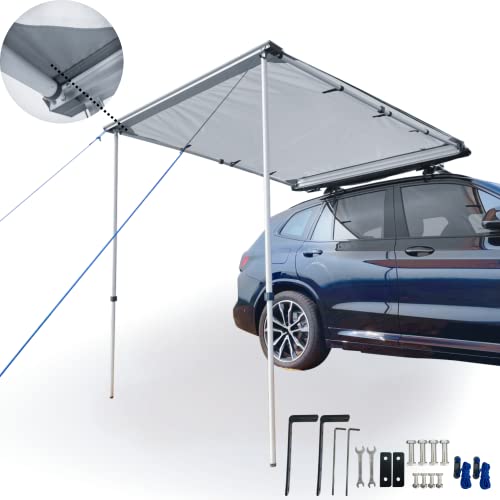 DANCHEL OUTDOOR Pull-Out Car Awning for Camping Overlanding, Waterproof Retractable Roof Rack Awning Canopy with Metal Joints for SUV/Trailers/Truck/Van Gray(4.9x6.5ft)