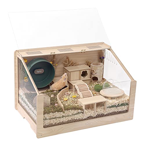 Tafit Wooden Hamster Cage 32 Inches Waterproof Small Animals Cage Habitat with Openable Top for Dwarf Hamsters, Syrian Hamsters Small Pets Enclosure Ventilation Play House with Large Acrylic Panels