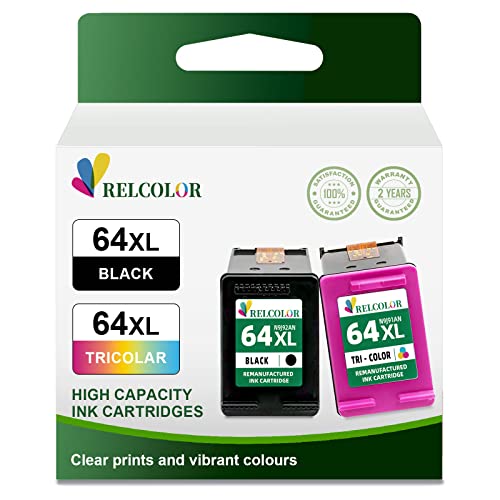 Relcolor 64XL Remanufactured Ink Cartridge Replacement for HP 64 XL 64XL Black Color Combo Compatible with Envy 7855 7155 7858 7800 6255 6252 7164 7955e 7900e Tango X Printer (Black, Tricolor, 2 Pack)