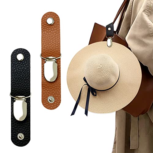 Hat Clip for Travel, Hat Clip for Travel on Bag/Luggage, PU Leather Hat Clip, Multifunctional Duckbill Hat Clip, Outdoor Hat Companion-Black&Brown