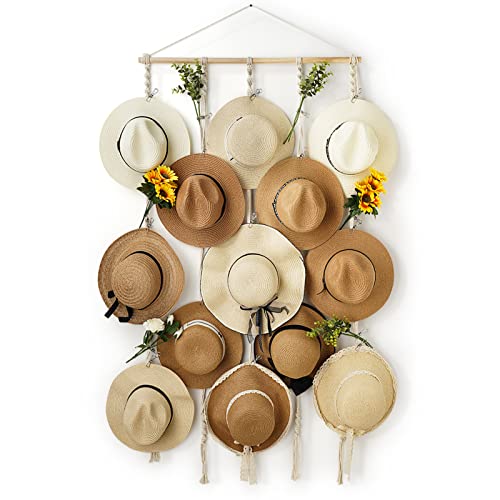 HYDERMUS Hat Rack for Wall 31x61 in Hat Organizer with 15 Clips Hanging Macrame Hat hangers for Wide Brimmed Hat Display Women Hat Storage Boho Hat Hanger Decorative Hat Holder for Fedora Cowboy Hat